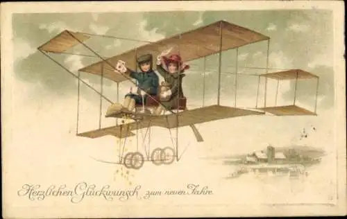 Präge Ak Glückwunsch Neujahr, Kinder, Flugzeug, Doppeldecker