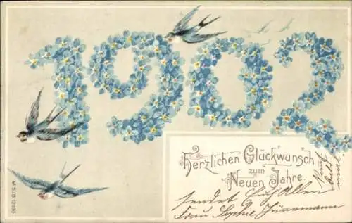 Litho Glückwunsch Neujahr 1902, Schwalben, Vergissmeinnicht