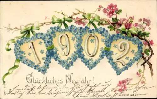 Litho Glückwunsch Neujahr 1902, Vergissmeinnicht, Schleifen