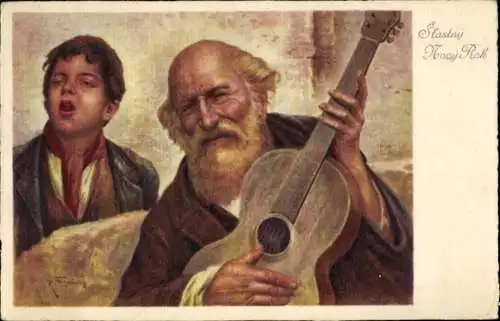 Künstler Ak Glückwunsch Neujahr, Musizierender Mann, Gitarre, Singender Junge
