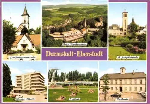 Ak Eberstadt Darmstadt in Hessen, Dreifaltigkeitskirche, Burg Frankenstein, Kinderklinik