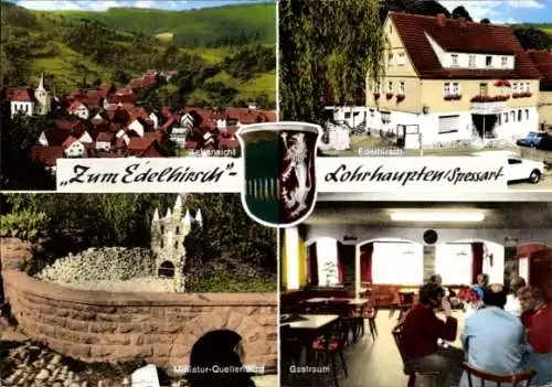 Ak Lohrhaupten im Flörsbachtal Spessart, Gasthaus Zum Edelhirsch, Gastraum, Miniatur-Quellenburg