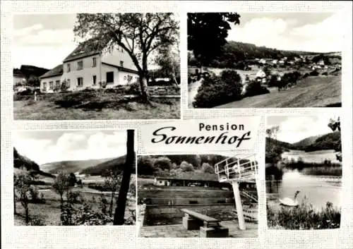 Ak Lohrhaupten im Flörsbachtal Spessart, Pension Sonnenhof, Schwimmbad, Panorama