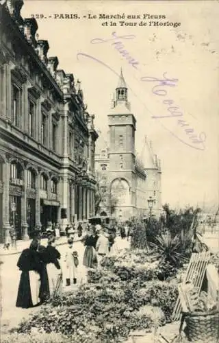 Ak Paris I Louvre, Blumenmarkt, Uhrturm