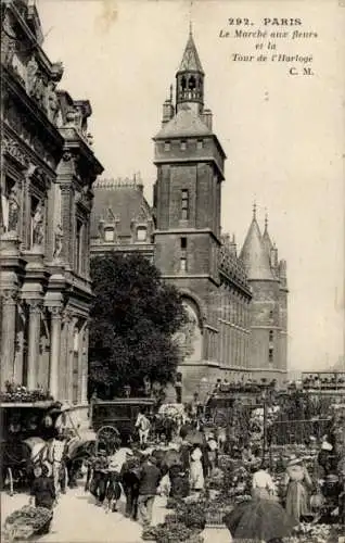 Ak Paris I Louvre, Blumenmarkt, Uhrturm