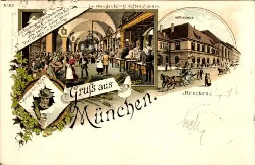 Litho München Bayern, Inneres des kgl. Hofbräuhauses