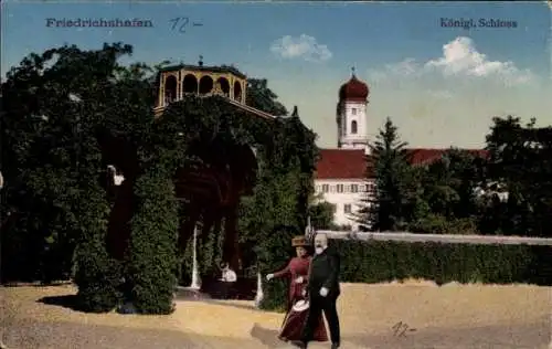 Ak Friedrichshafen am Bodensee, Königliches Schloss, Gartenanlage, Pavillon, Wasserfall