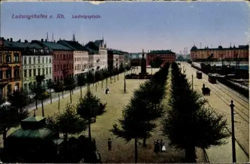 Ak Ludwigshafen am Rhein, Ludwigsplatz, Straßenbahnen, Denkmal