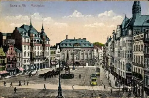 Ak Bonn am Rhein, Marktplatz, Rathaus, Straßenbahnen, Denkmal