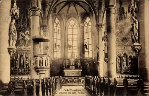 Ak Heiligenwald Schiffweiler im Saarland, Katholische Kirche, Inneres, Kanzel, Altar