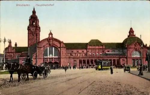 Ak Wiesbaden in Hessen, Hauptbahnhof, Kutsche, Straßenbahn