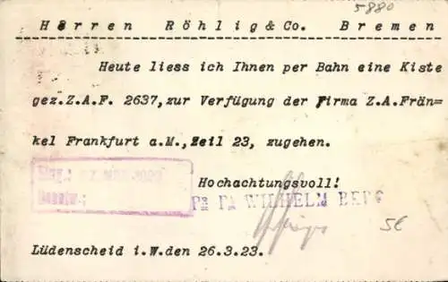 Ak Lüdenscheid im Märkischen Kreis, Wilhelm Berg, Mitteilung Lieferung, Röhlig & Co. Bremen