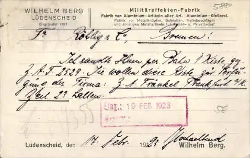 Ak Lüdenscheid im Märkischen Kreis, Wilhelm Berg, Militäreffekten-Fabrik, Aluminium-Gießerei