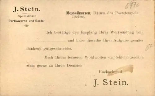 Ak Messelhausen Lauda Königshofen in Tauberfranken, J. Stein, Manufacturwaren en gros, Partiewaren