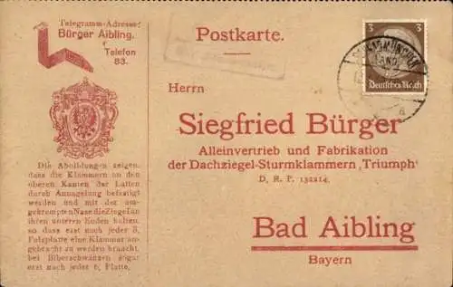 Ak Bad Aibling in Oberbayern, Siegfried Bürger, Dachziegel-Sturmklammern, Triumph