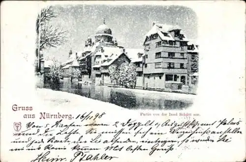 Ak Nürnberg in Mittelfranken, Partie von der Insel Schütt aus, Winteransicht