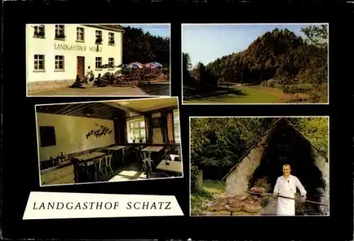 Ak Hollenberg Pegnitz in Oberfranken, Landgasthof Schatz, Außenansicht, Ofen, Innenraum
