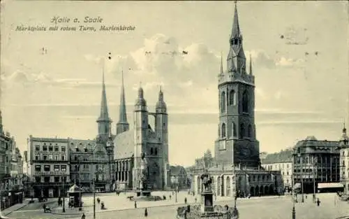 Ak Halle an der Saale, Marktplatz mit rotem Turm, Marienkirche