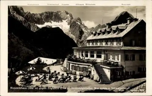 Ak Garmisch Partenkirchen in Oberbayern, Kreuzeckhaus, Adolf Zoeppritz Haus, Höllentalgletscher