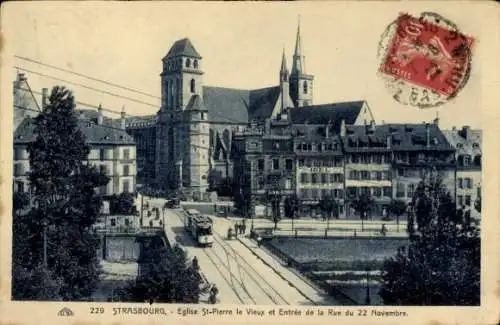 Ak Strasbourg Elsass Bas Rhin, Eglise St-Pierre le Vieux et Entree de la Rue du 22 Novembre