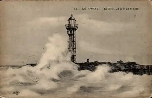 Ak Le Havre Seine Maritime, Mole im Sturm, Leuchtturm