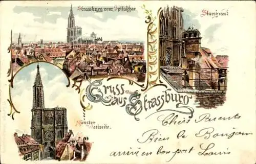 Litho Strasbourg Straßburg Elsass Bas Rhin, Teilansicht, Münster, Storchnest