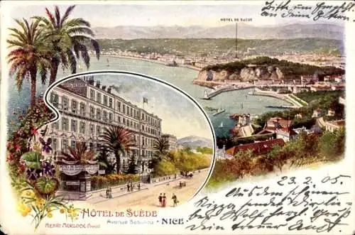 Künstler Ak Nice Nizza Alpes Maritimes, Hotel de Suede, Avenue Beaulieu, Panorama