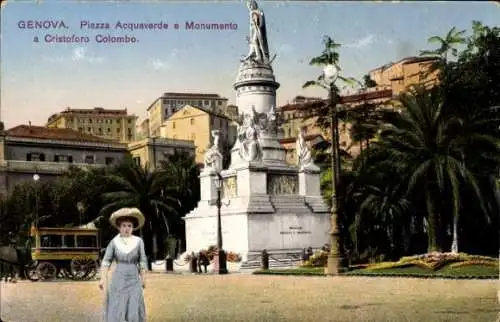 Ak Genova Genua Liguria, Piazza Aquaverde e Monumento a Cristoforo Colombo