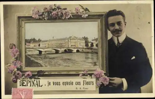 Passepartout Ak Épinal Lorraine Vosges, Teilansicht, Brücke, Mann am Rahmen