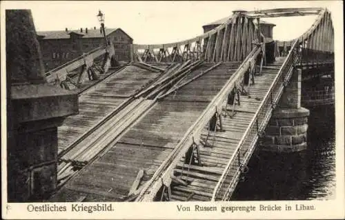 Ak Liepaja Libau Lettland, Von Russen gesprengte Brücke, I. WK