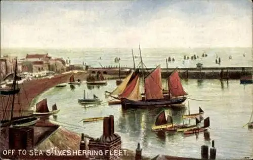 Ak St Ives Cornwall England, Hafen, Heringsfischer-Flotte