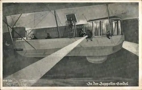 Künstler Ak In der Zeppelin Gondel, Flutlichter, Nacht, Luftschiff, Deutscher Luftflotten-Verein