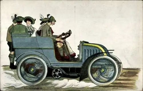 Künstler Ak Trachtengruppe im Automobil, Trachten