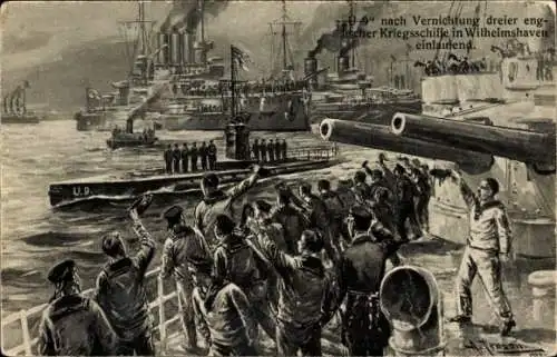 Künstler Ak Jensen, T., Deutsches U Boot, U 9 nach Vernichtung dreier engl. Kriegsschiffe