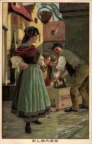 Künstler Ak Elsass, Frau in Tracht, Apollinaris Mineralwasser, Reklame