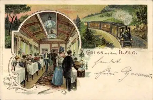 Litho Gruß aus dem D Zug, Eisenbahn, Innenansicht, Speisewagen