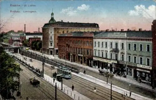 Ak Kraków Krakau Polen, Ulica Lubicz, Dom Towarowy, Hotel Europejski, Lubiczgasse, Straßenbahn