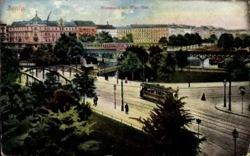 Ak Berlin Kreuzberg, Hochbahn am Wassertor, Straßenbahn