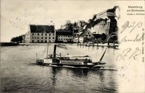 Ak Meersburg am Bodensee, Hafen und Schloss, Dampfer in Fahrt