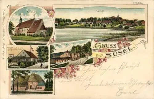 Litho Süsel in Ostholstein, Kirche, Gasthof am See, Blick auf den Ort