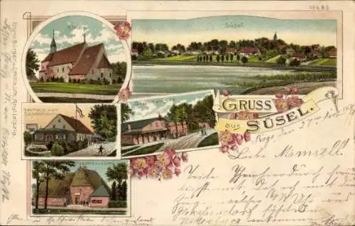 Litho Süsel in Ostholstein, Kirche, Gasthof am See, Blick auf den Ort