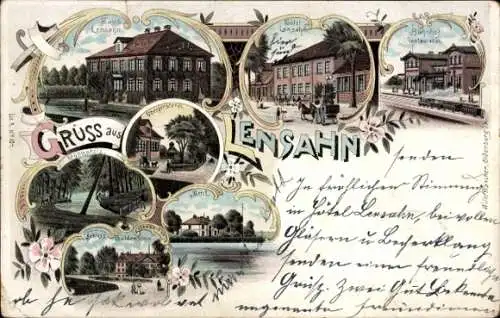 Litho Lensahn in Ostholstein, Hotel, Bahnhof, Oberförsterei, Mühlenholz, Schloss Güldenstein