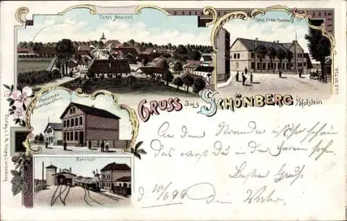 Litho Ostseebad Schönberg in Holstein, Hotel Stadt Hamburt, Probsteier Ackerbauschule, Bahnhof