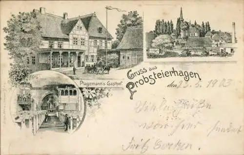 Litho Probsteierhagen in Holstein, Totalansicht, Gasthof, Innenansicht der Kirche