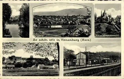 Ak Vienenburg Goslar am Harz, Bahnhof, Gleisseite, Radau, katholische Kirche, Totalansicht
