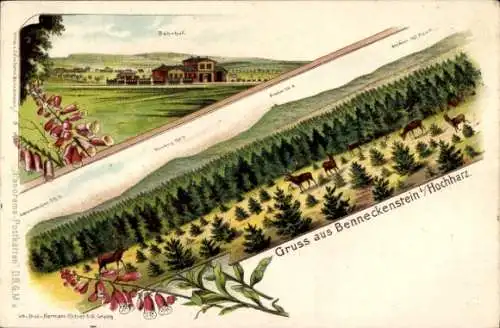 Litho Benneckenstein Oberharz, Bahnhof, Achtermannshöhe, Wurmberg, Brocken, Drei Annen