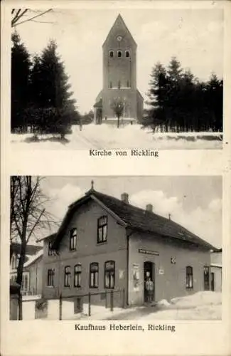 Ak Rickling in Holstein, Kaufhaus Heberlein, Kirche, Winteransicht