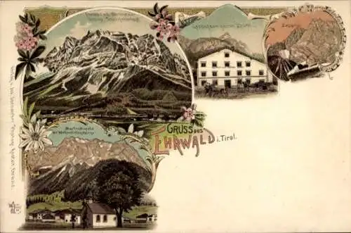 Litho Ehrwald in Tirol, Gasthaus zum grünen Baum, Gebirge