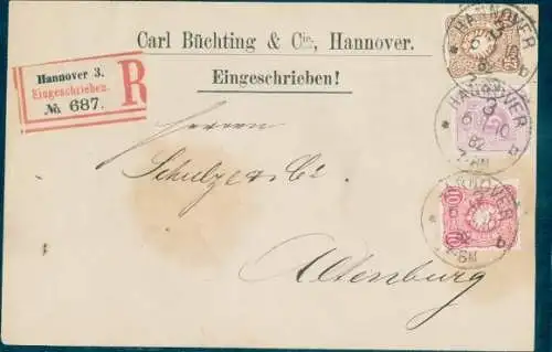 Michel Nr. 40, 41, 43 auf Wertbrief Hannover nach Altenburg, 1882