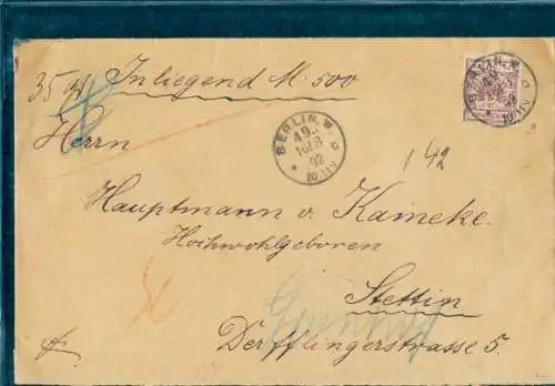 Michel Nr. 50 auf Wertbrief Berlin nach Stettin 16.08.1892, geprüft Zenke BPP, Siegel